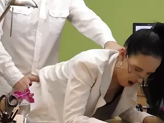 Nerdy secretary blows her boss and curves down to get cock